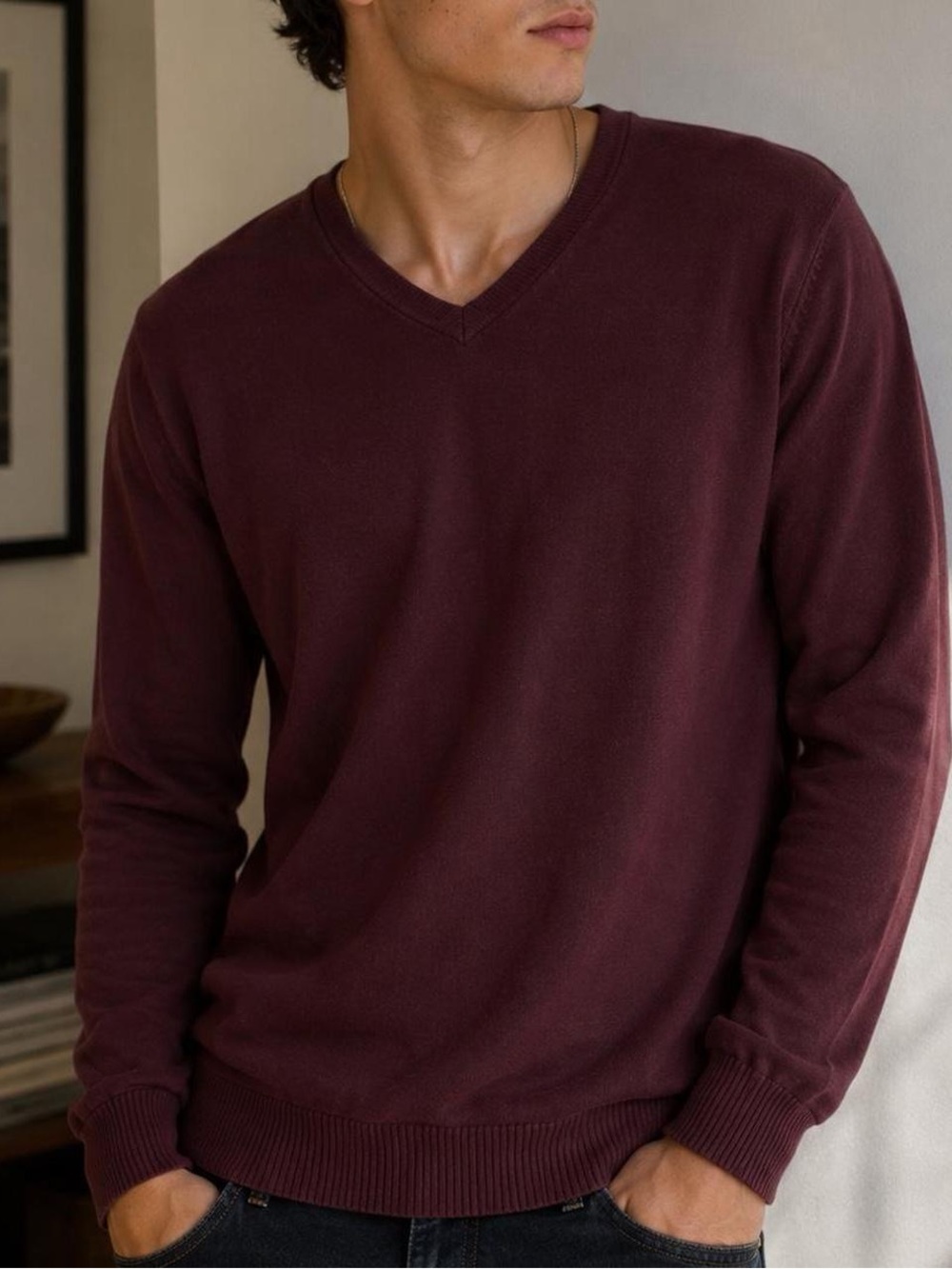 Old Navy Burgundy V-Neck Cotton Sweater Men’s Small
